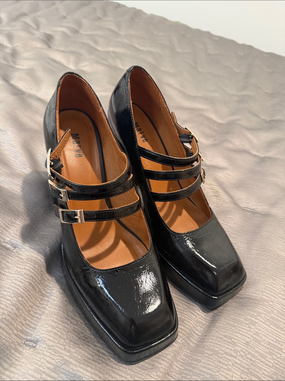Maeve Triple-Strap Mary Jane Heels